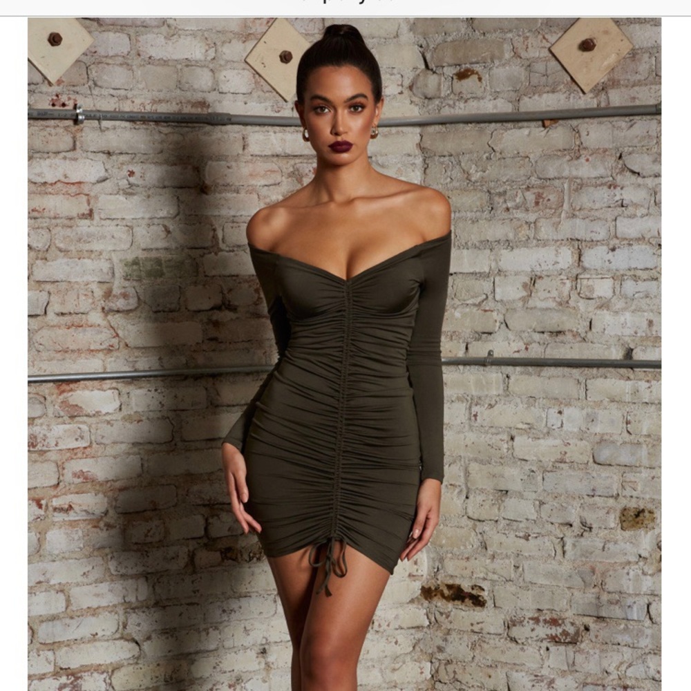 Oh Polly Dark khaki long sleeve ruched mini dress